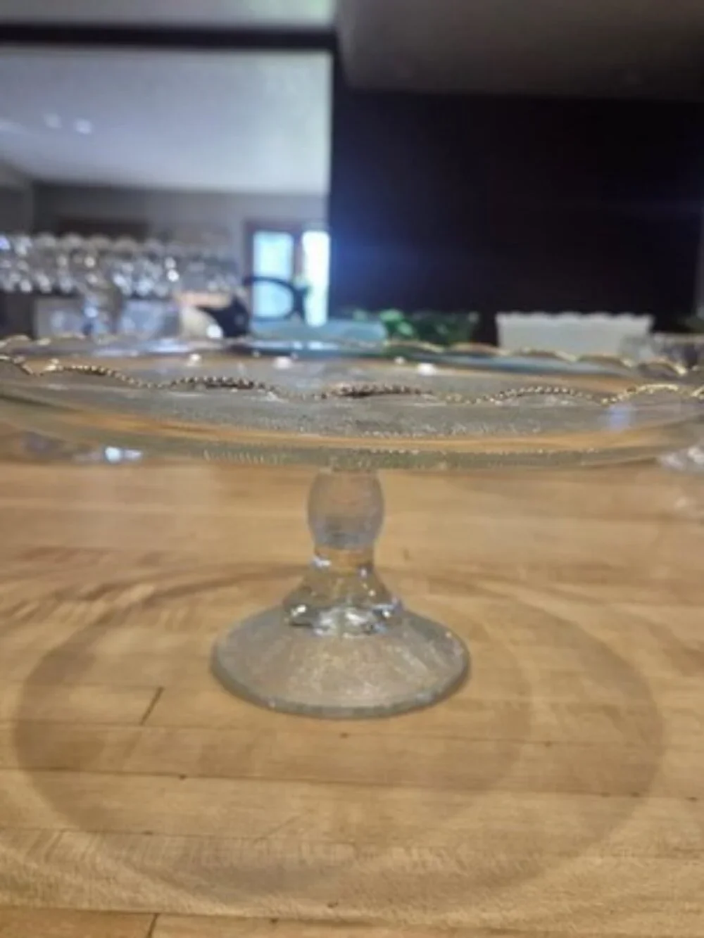 Vintage Jeannette Glass Harp Lyre Pedestal Cake Stand Gold Trim 10 Inch 1950s